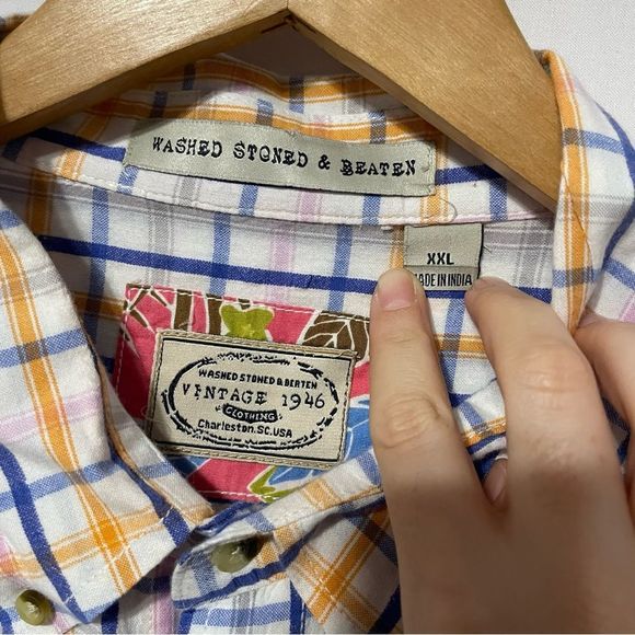 XXL Plaid Vintage 1964 Washed Stoned & Beaten Button Down Long Sleeve Shirt - Picture 6 of 8